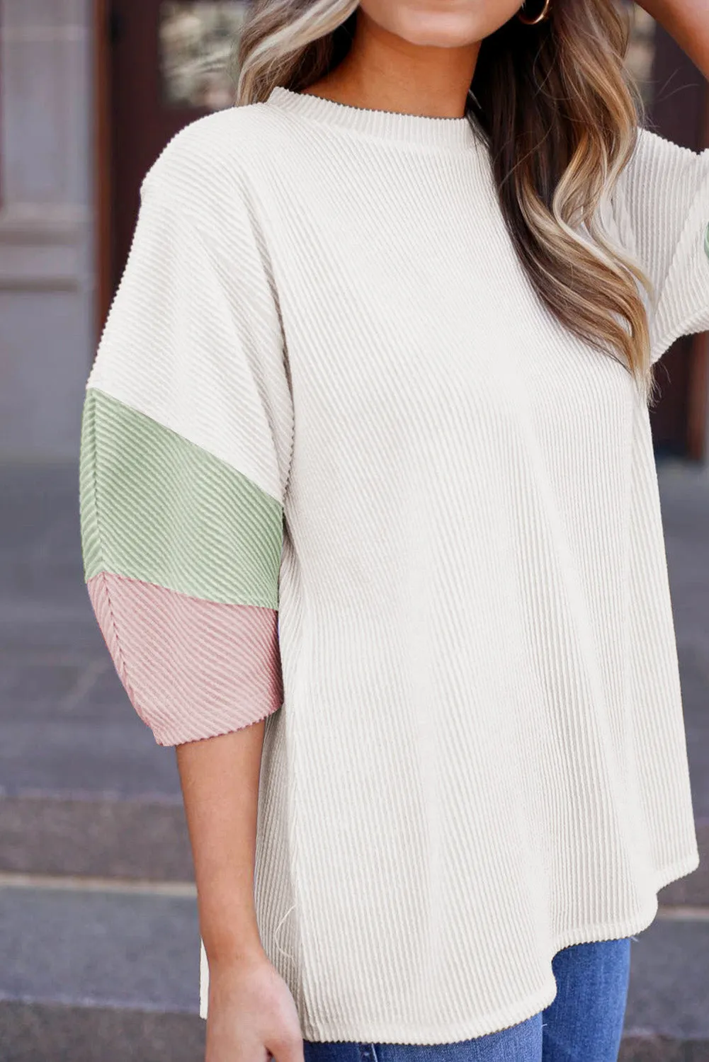 White Ribbed Colorblock Drop Sleeve Top – Effortless, Sporty, and Stylish