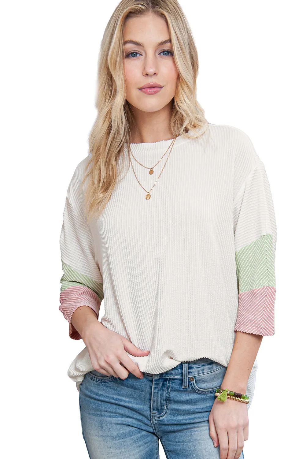 White Ribbed Colorblock Drop Sleeve Top – Effortless, Sporty, and Stylish