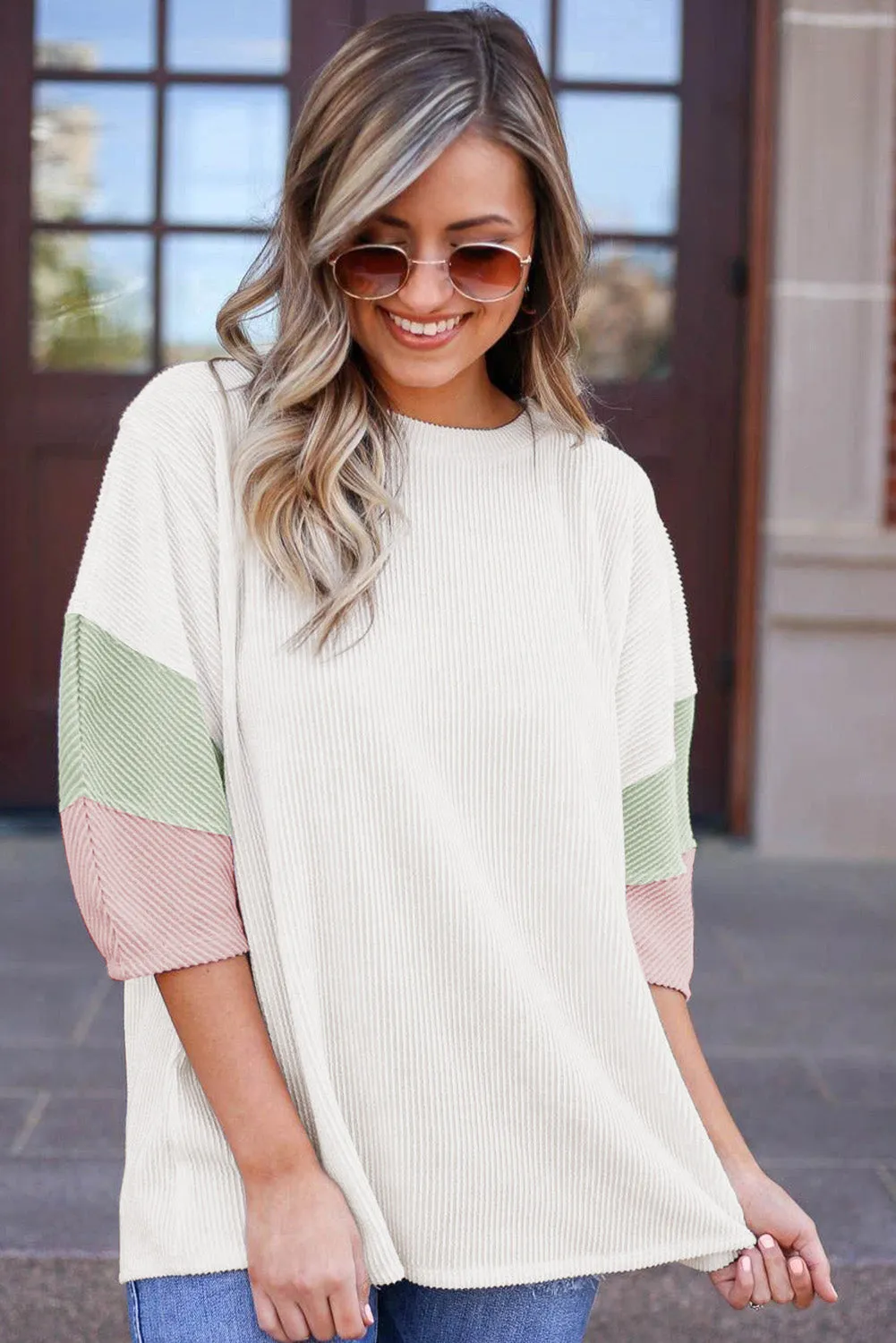 White Ribbed Colorblock Drop Sleeve Top – Effortless, Sporty, and Stylish