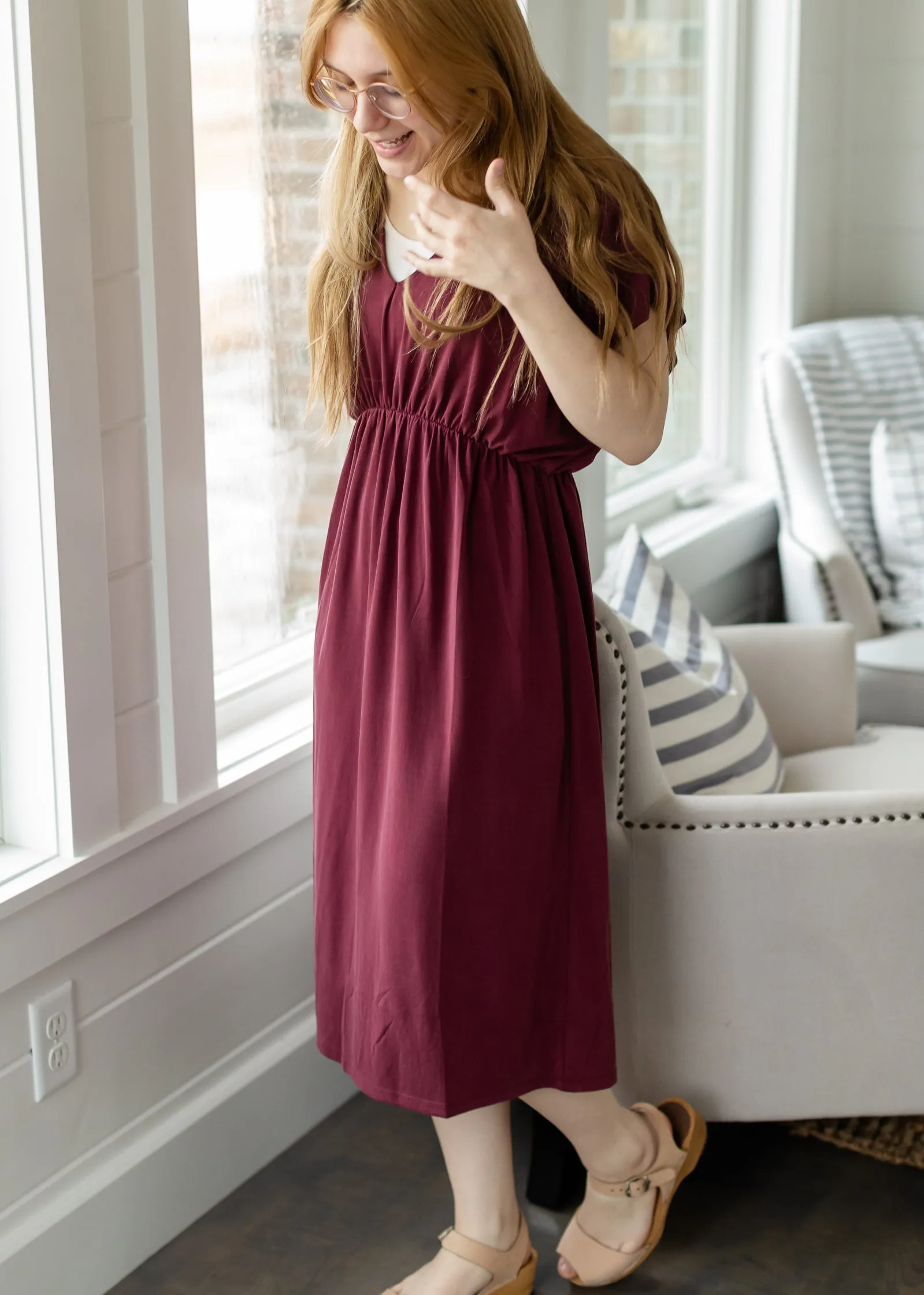 Wine Cinched Waist Midi Dress - FINAL SALE