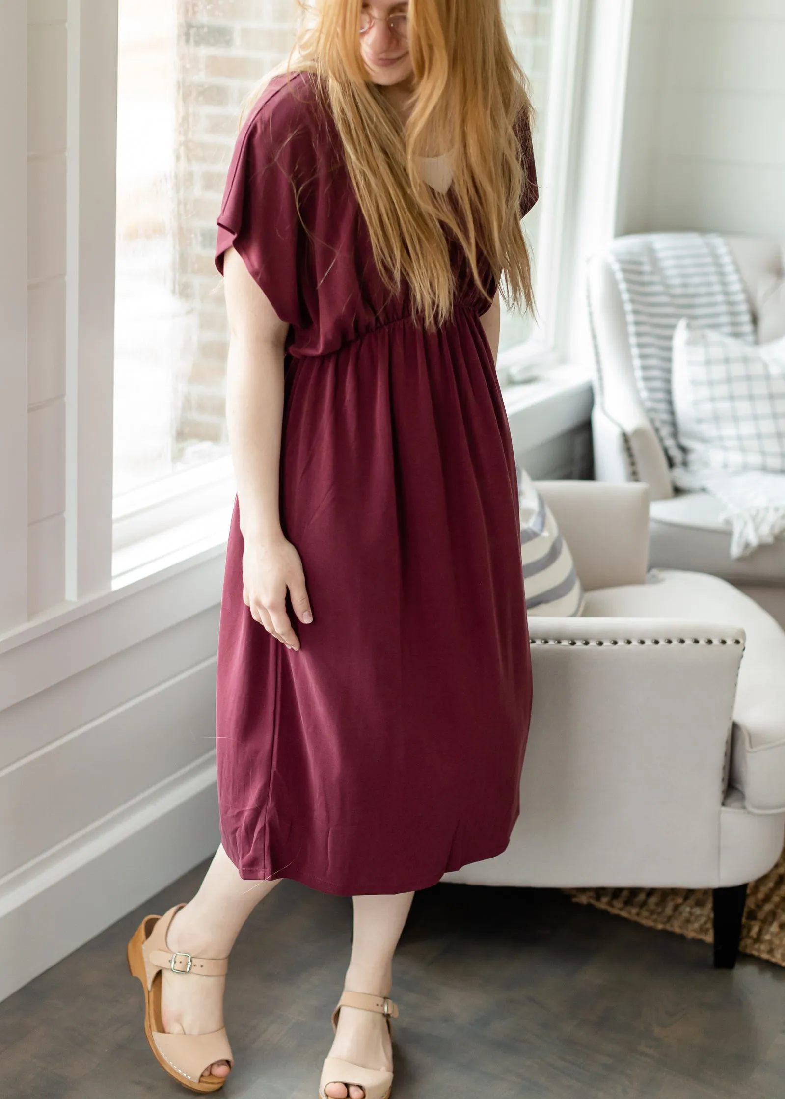 Wine Cinched Waist Midi Dress - FINAL SALE