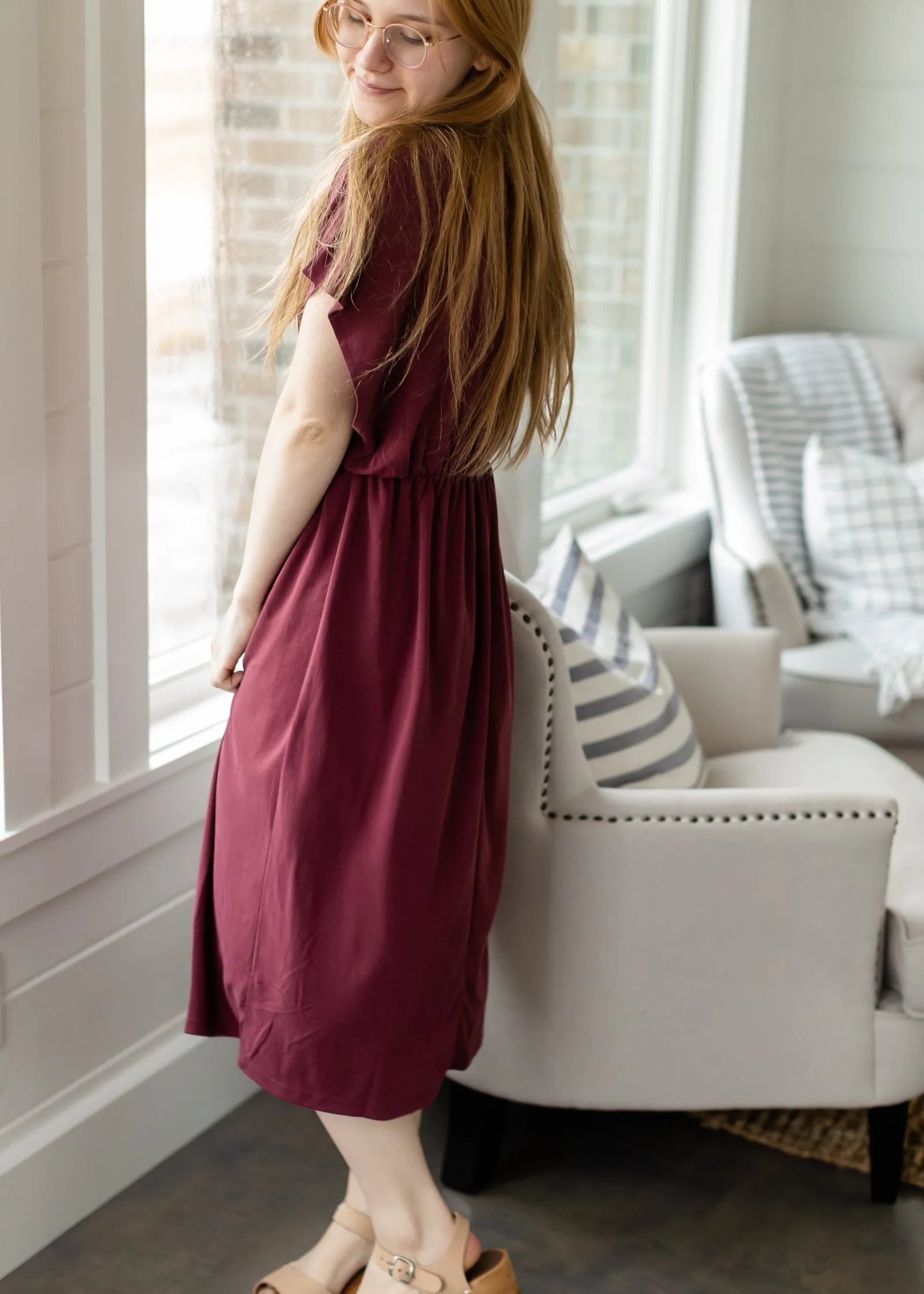 Wine Cinched Waist Midi Dress - FINAL SALE