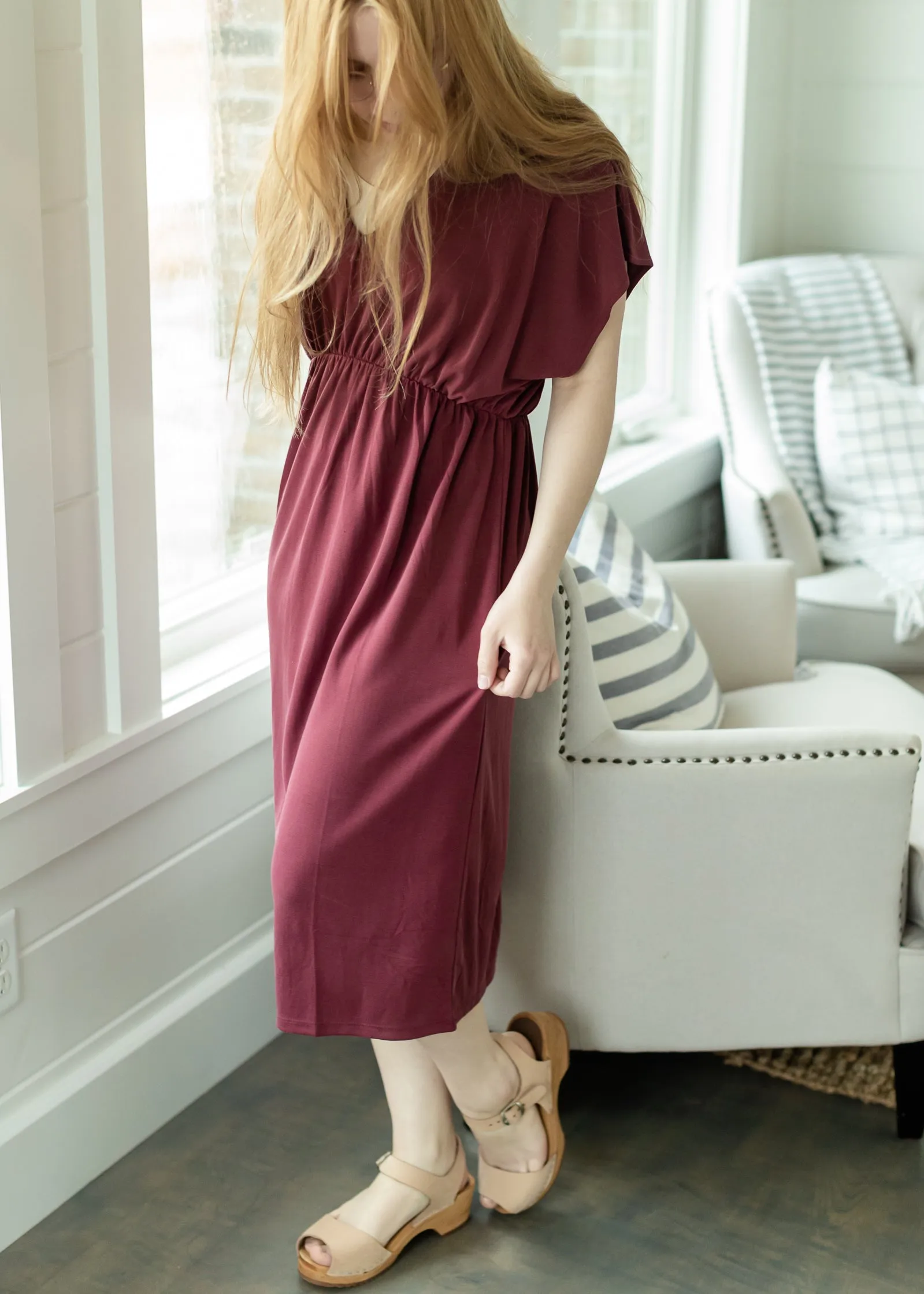 Wine Cinched Waist Midi Dress - FINAL SALE