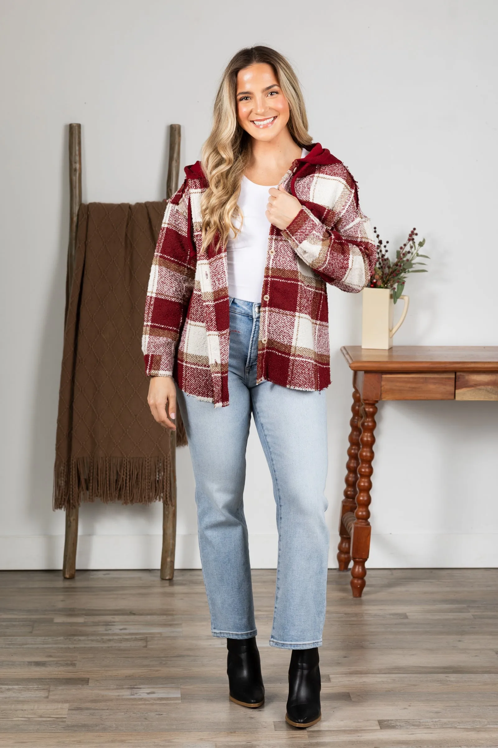 Wine Oversized Plaid Casual Hoodie Shacket