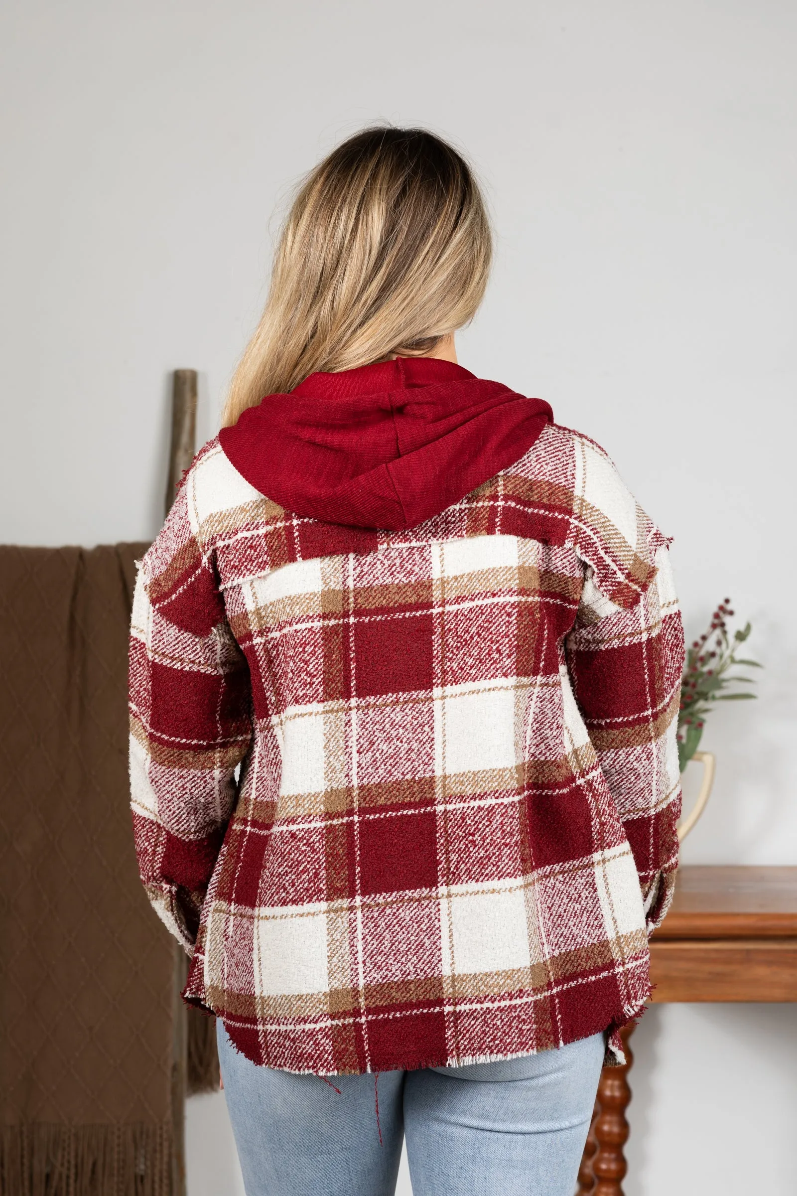 Wine Oversized Plaid Casual Hoodie Shacket