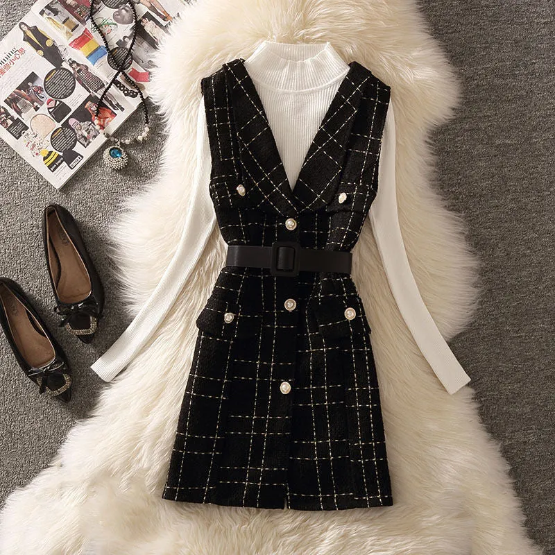 Wjczt fall outfits 2024 Woolen Dress Women's Fashion Suit Age-Reducing Autumn New Plaid Sling A- line Vest Skirt Knitted Bottoming Shirt