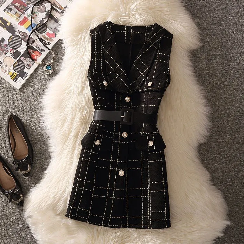 Wjczt fall outfits 2024 Woolen Dress Women's Fashion Suit Age-Reducing Autumn New Plaid Sling A- line Vest Skirt Knitted Bottoming Shirt