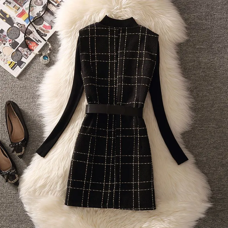 Wjczt fall outfits 2024 Woolen Dress Women's Fashion Suit Age-Reducing Autumn New Plaid Sling A- line Vest Skirt Knitted Bottoming Shirt