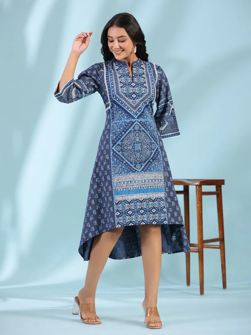 Women Blue Cotton Cambric Printed Asymmetric Midi Dress