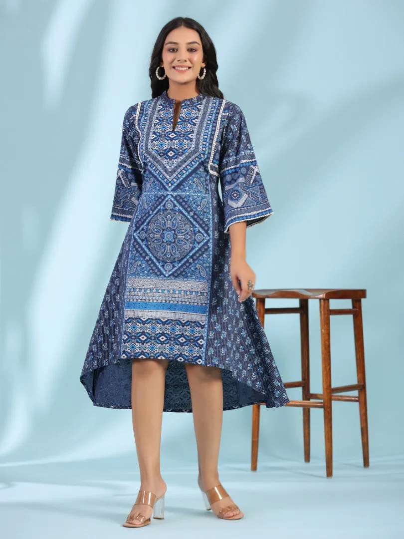 Women Blue Cotton Cambric Printed Asymmetric Midi Dress