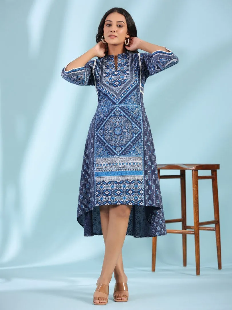 Women Blue Cotton Cambric Printed Asymmetric Midi Dress