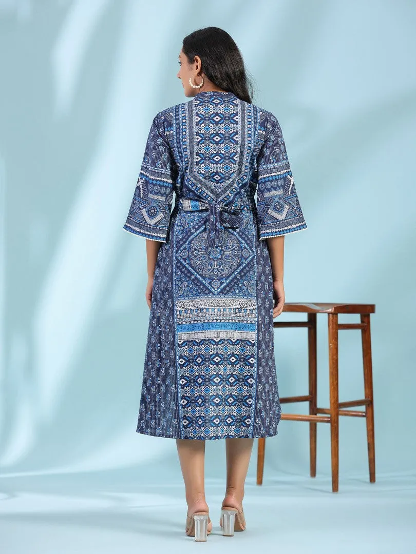 Women Blue Cotton Cambric Printed Asymmetric Midi Dress