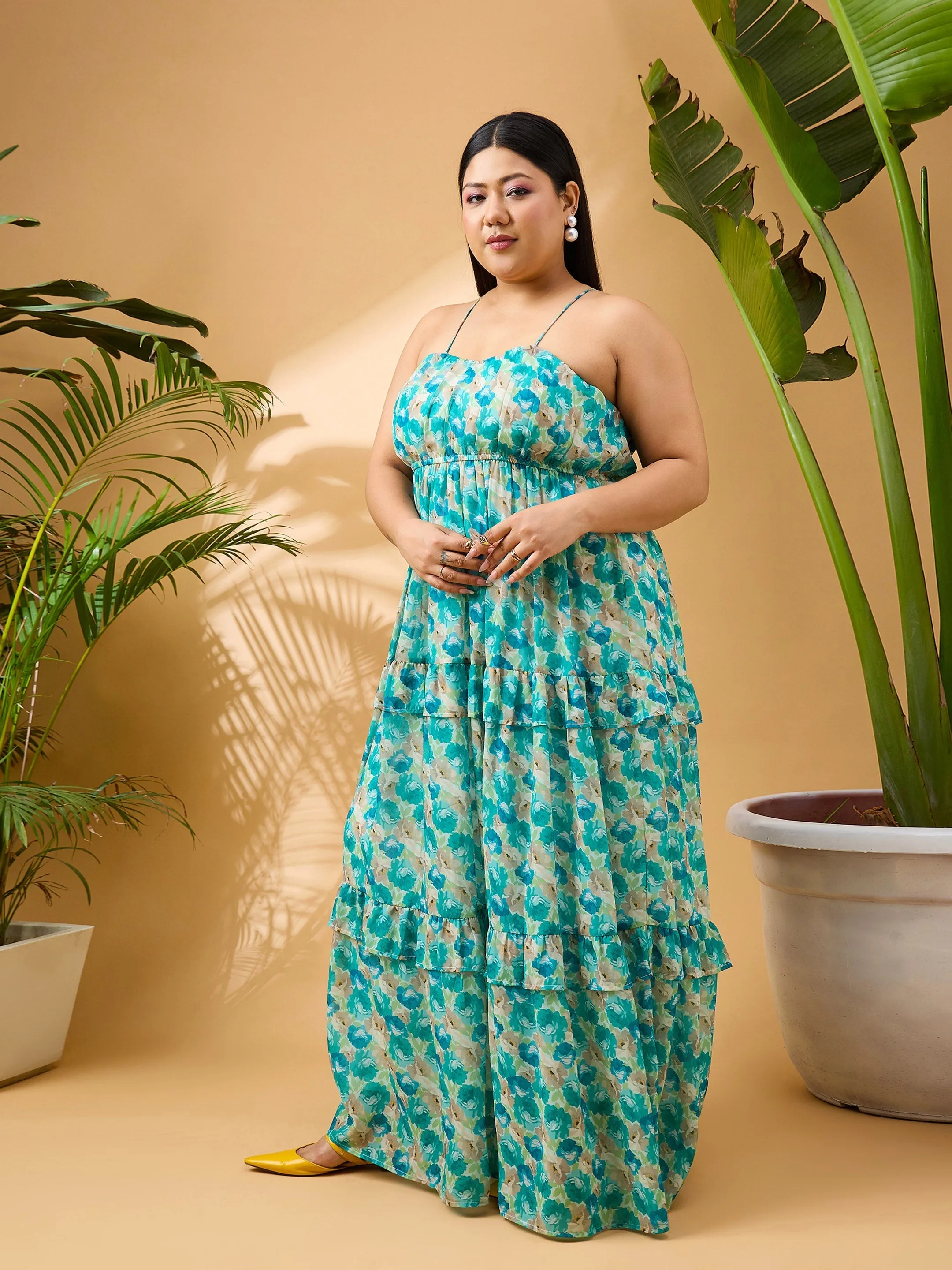 Women Green Floral Strappy Maxi Dress