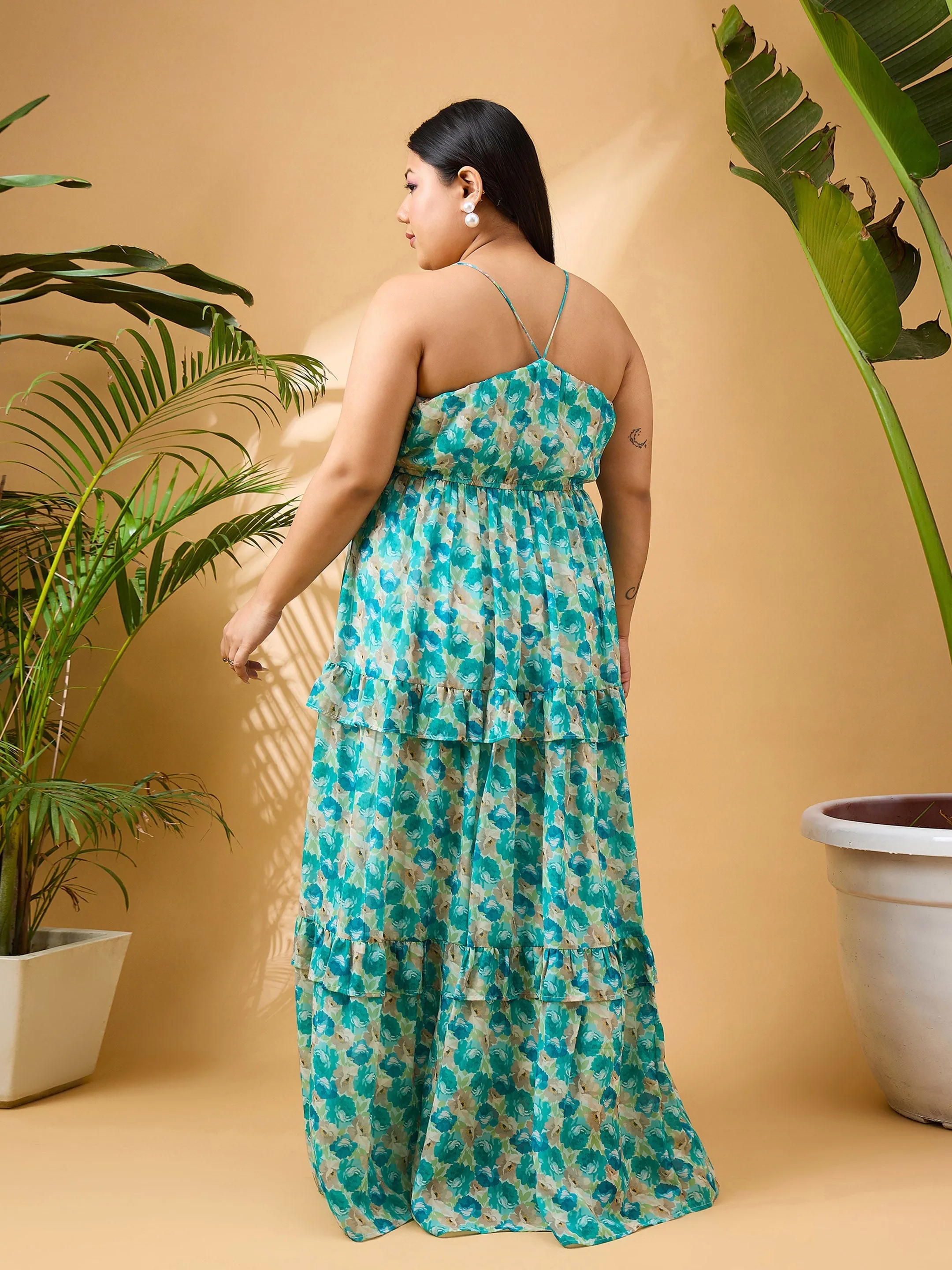 Women Green Floral Strappy Maxi Dress