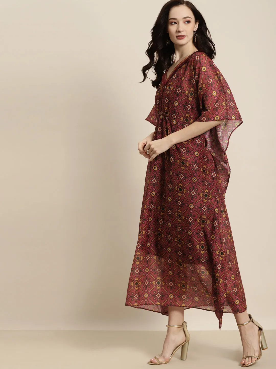 Women Maroon Patola Kaftan With Slip