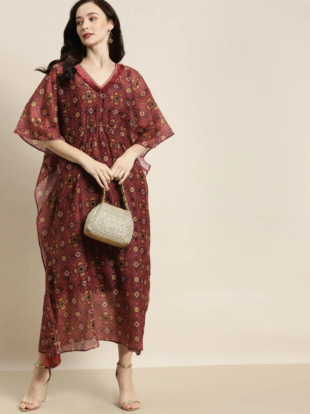 Women Maroon Patola Kaftan With Slip