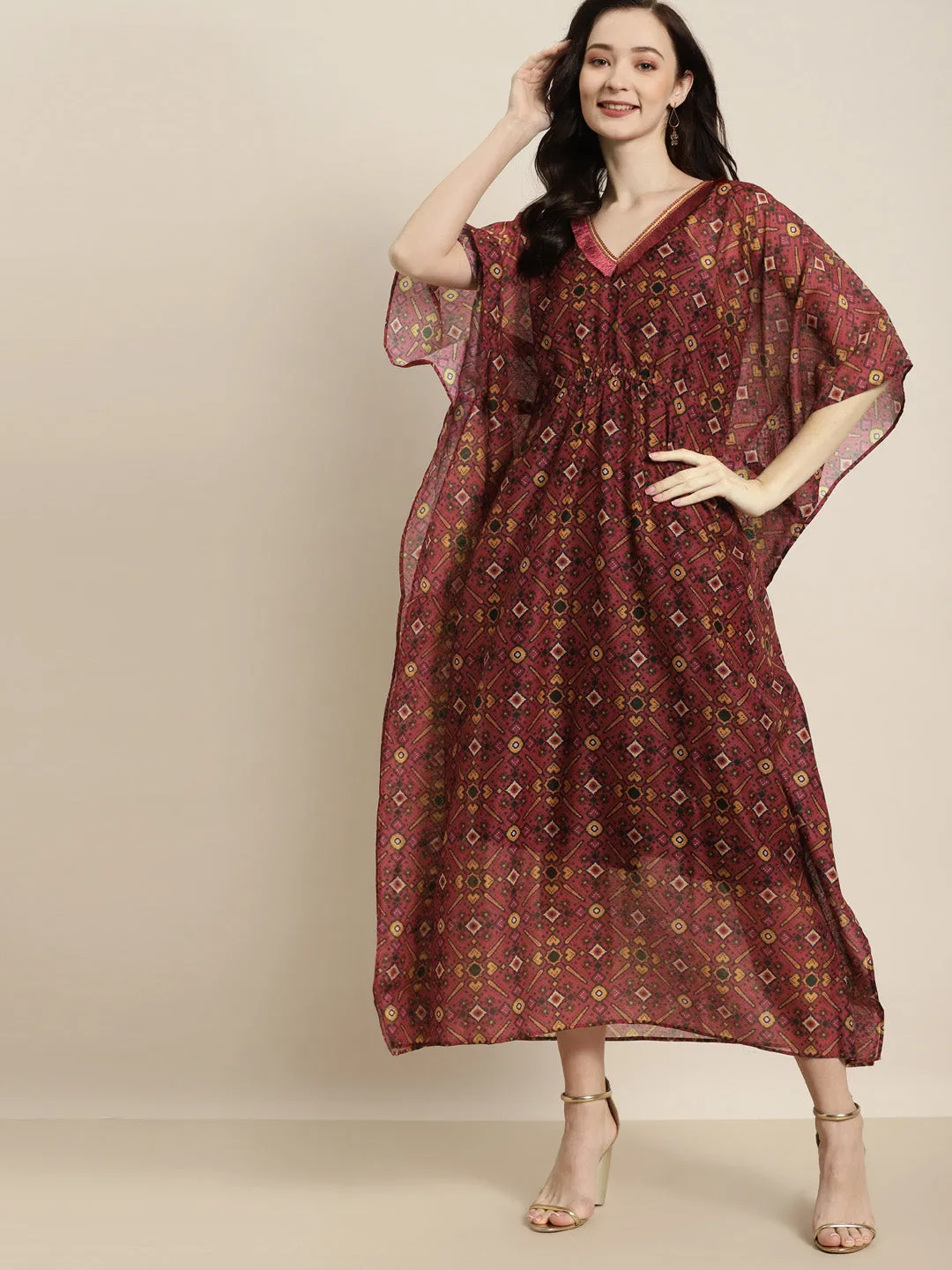 Women Maroon Patola Kaftan With Slip