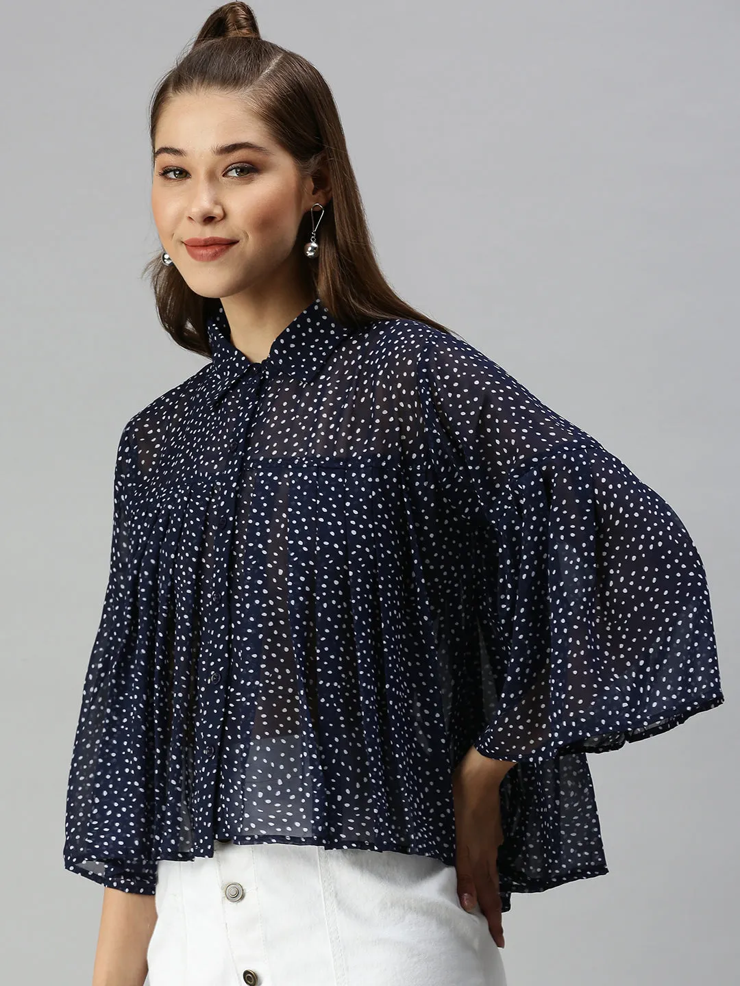 Women Navy Blue Self Design A-Line Top