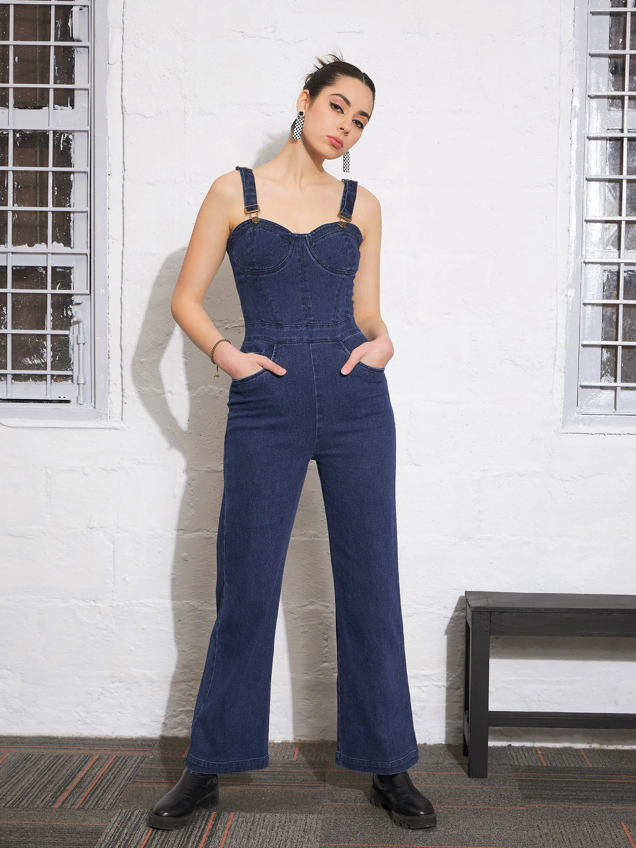 Women Navy Denim Sweetheart Strappy Corset Jumpsuit