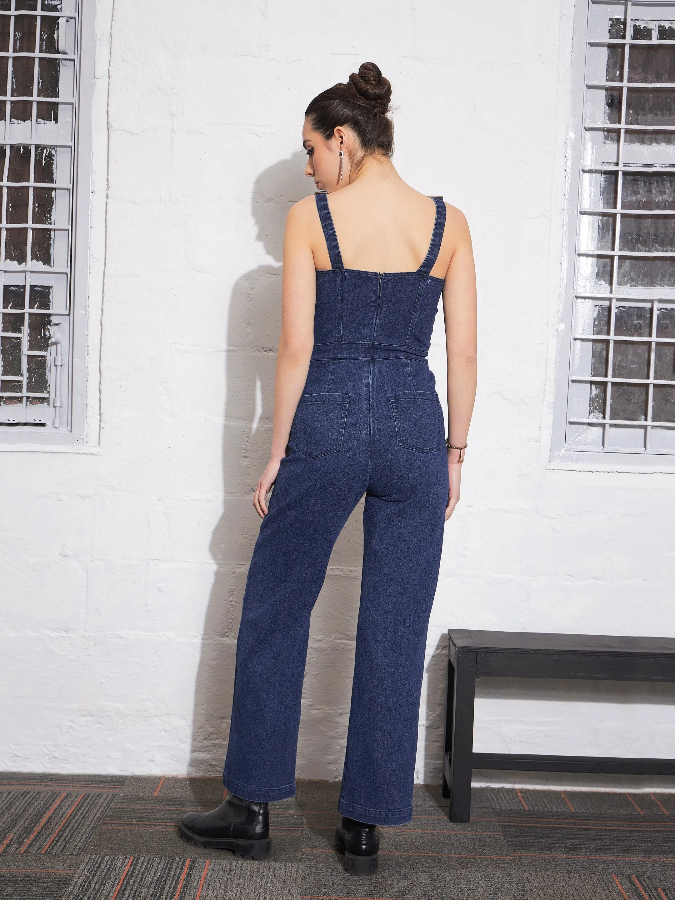 Women Navy Denim Sweetheart Strappy Corset Jumpsuit