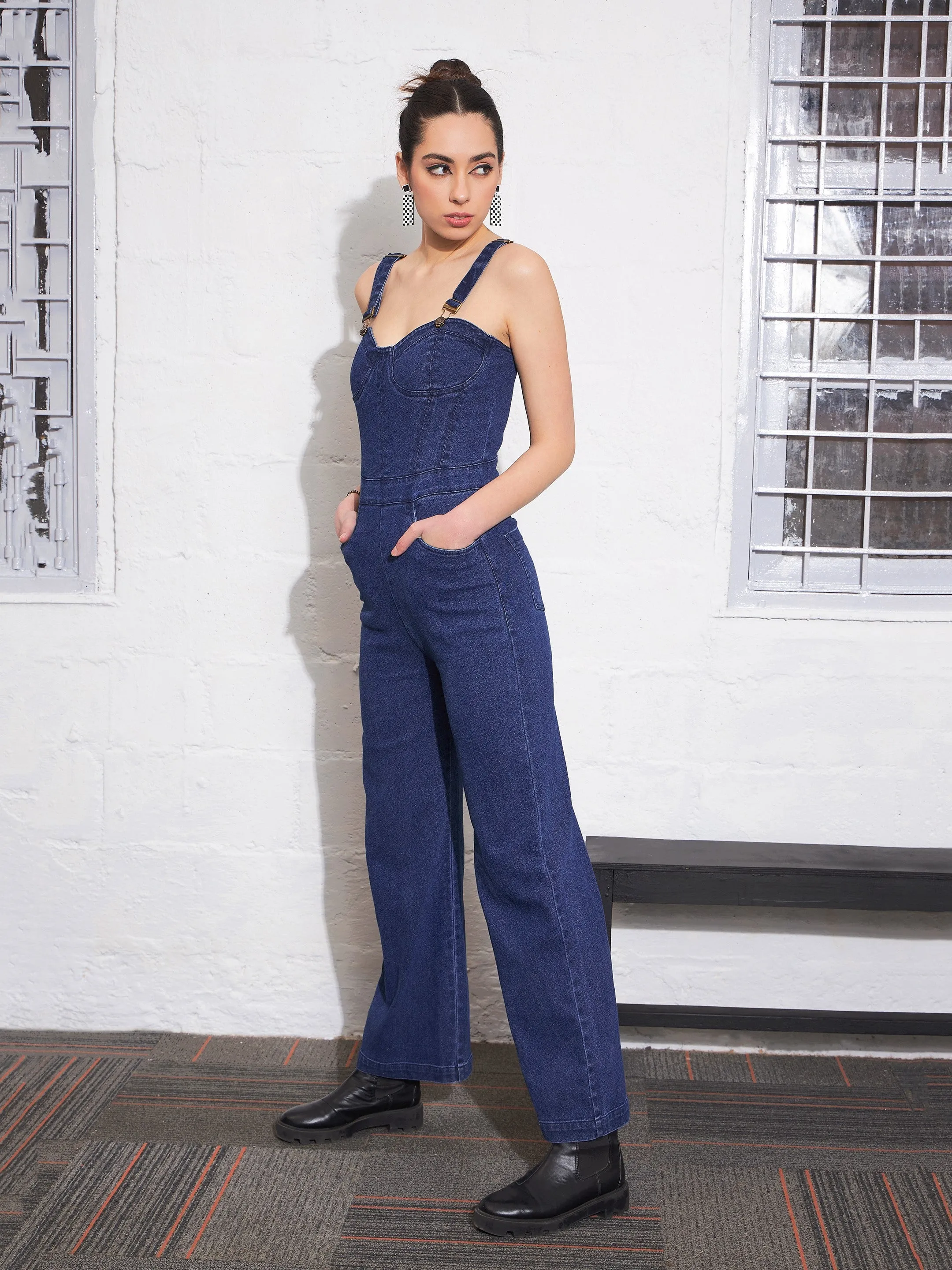 Women Navy Denim Sweetheart Strappy Corset Jumpsuit