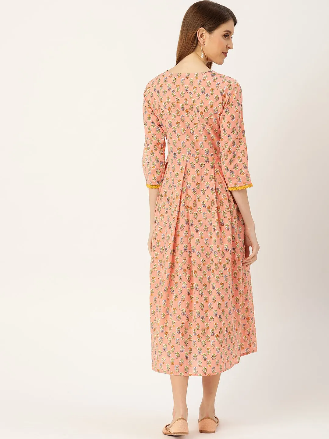 Women Peach Ethnic Motifs Printed Round Neck Cotton Maxi Dress