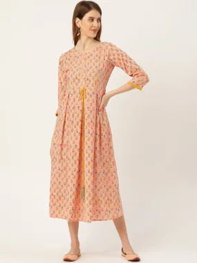 Women Peach Ethnic Motifs Printed Round Neck Cotton Maxi Dress