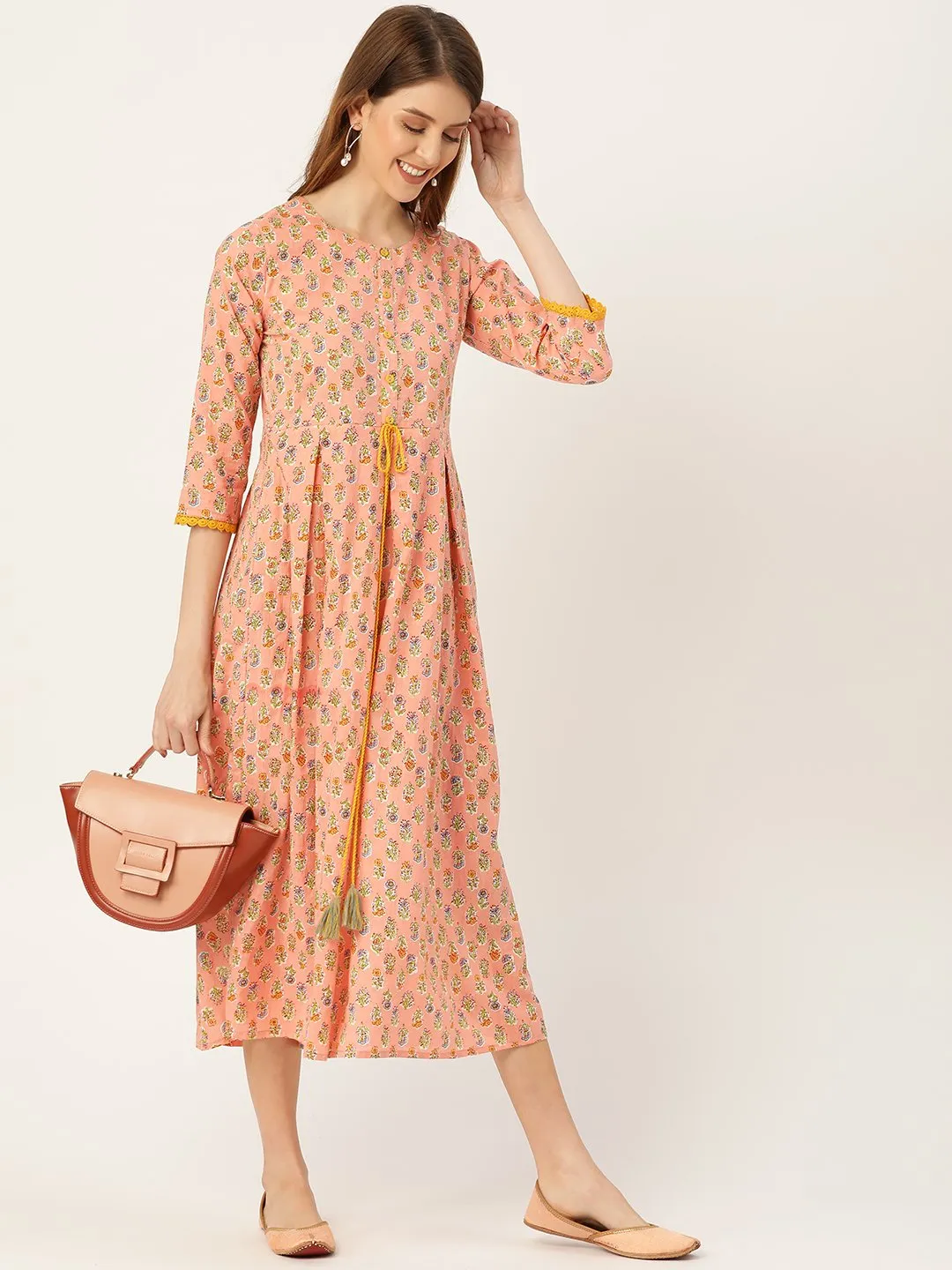 Women Peach Ethnic Motifs Printed Round Neck Cotton Maxi Dress