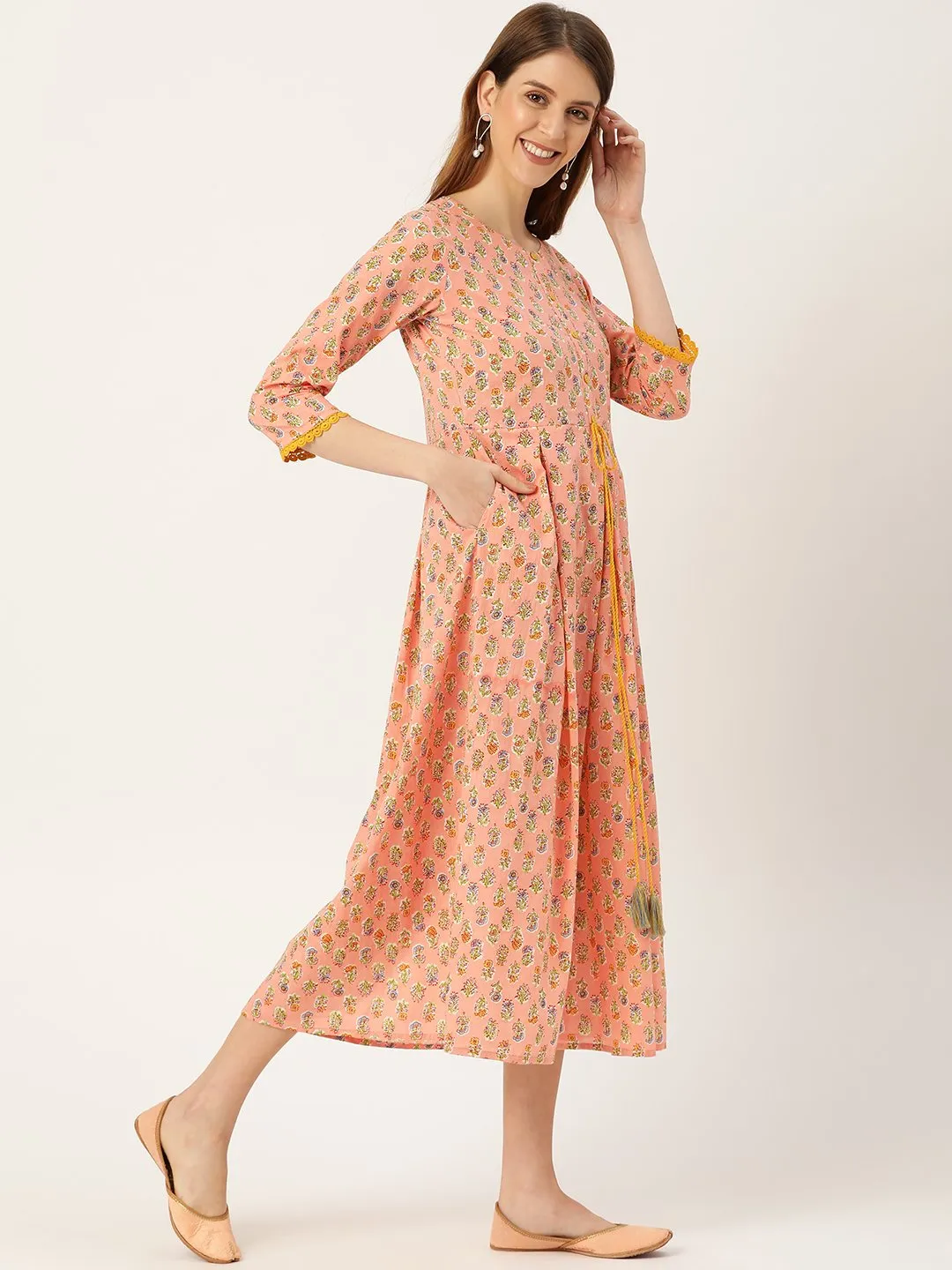 Women Peach Ethnic Motifs Printed Round Neck Cotton Maxi Dress