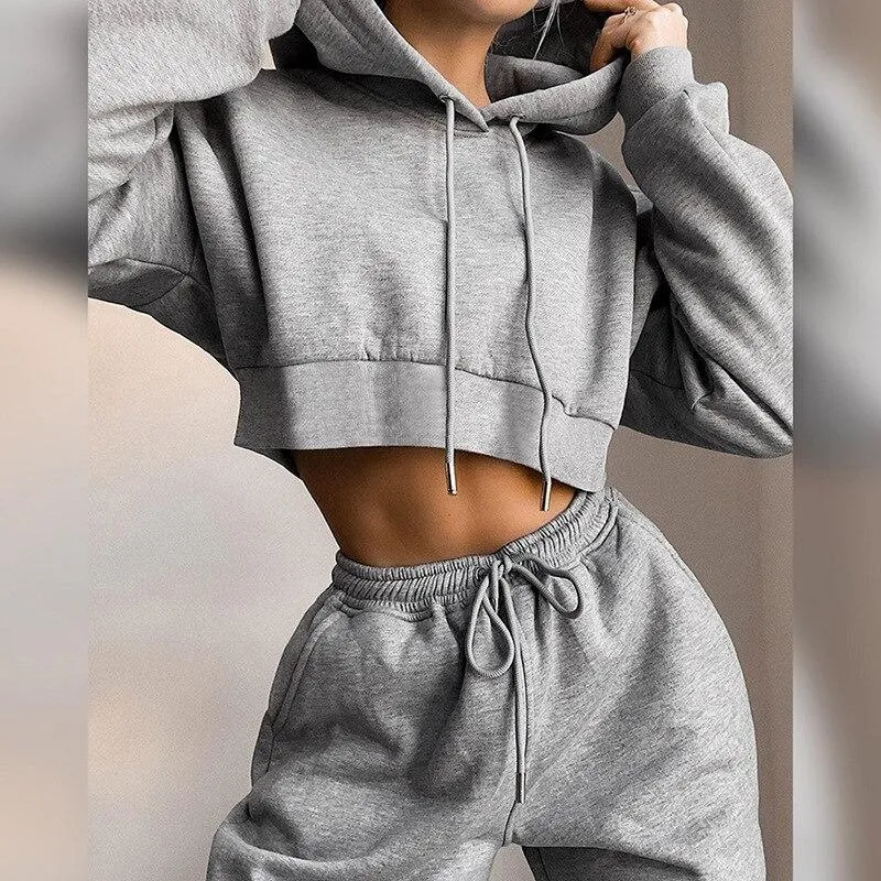 Women Set Autumn Winter Long Sleeve Crop Top Hoodie And Panta Joggers