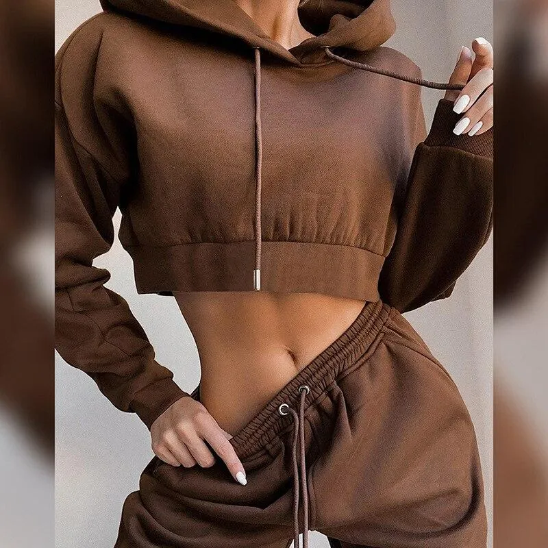 Women Set Autumn Winter Long Sleeve Crop Top Hoodie And Panta Joggers