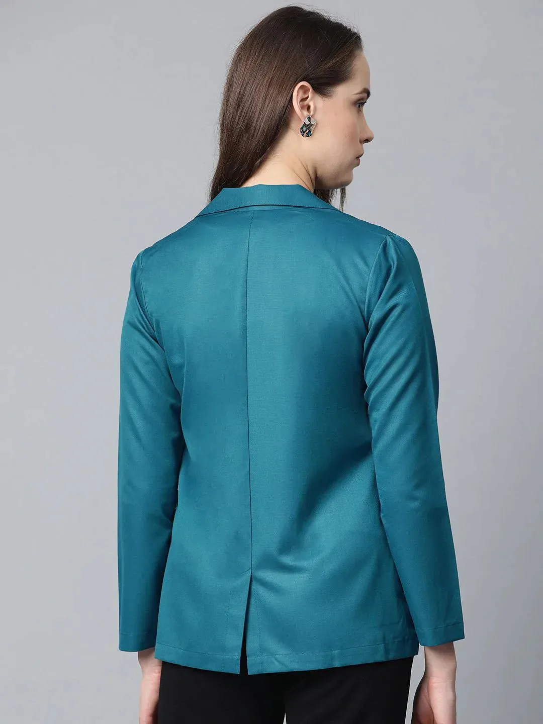 Women Teal Blue Solid Single-Breasted Smart Casual Blazer