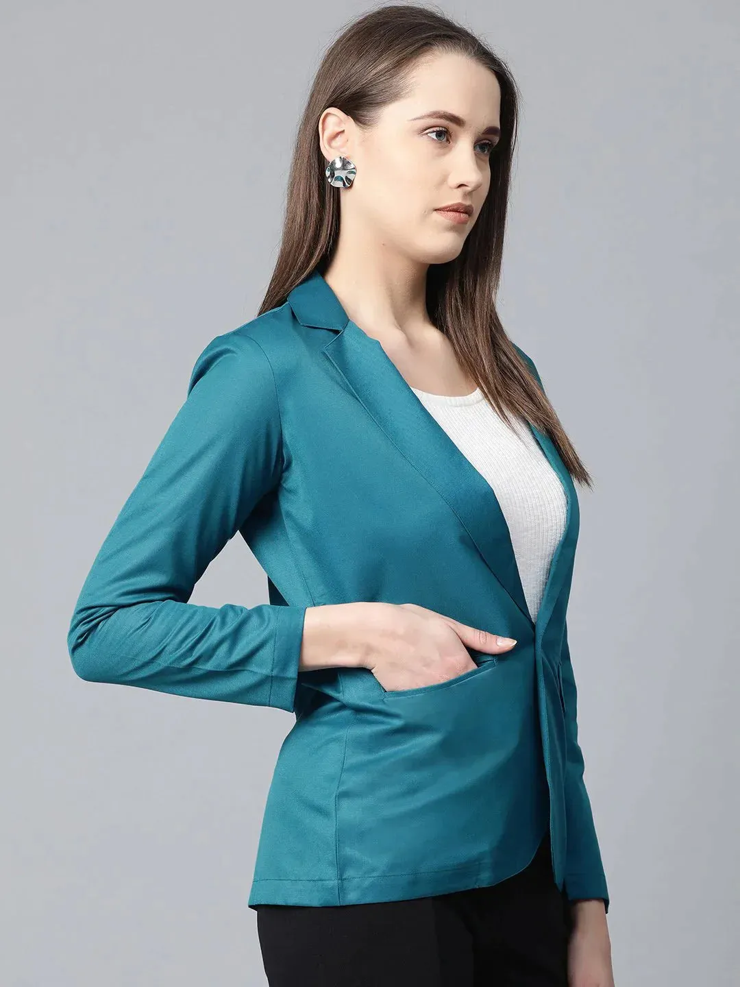 Women Teal Blue Solid Single-Breasted Smart Casual Blazer