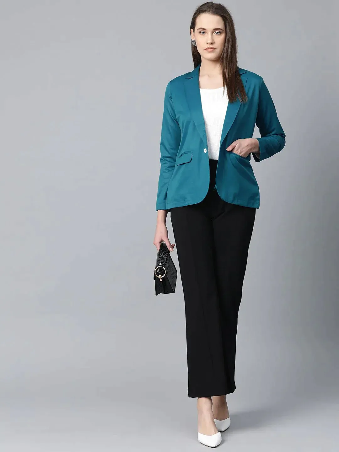 Women Teal Blue Solid Single-Breasted Smart Casual Blazer