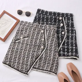 Women Tweed Skirts Solid High Waist Skirt Double Breasted Mini Skirt