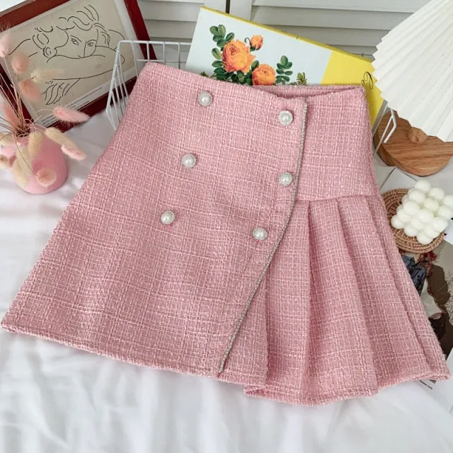 Women Tweed Skirts Solid High Waist Skirt Double Breasted Mini Skirt