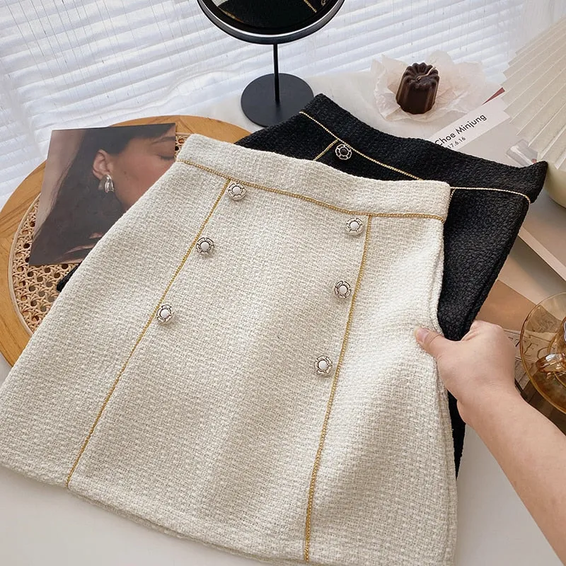 Women Tweed Skirts Solid High Waist Skirt Double Breasted Mini Skirt