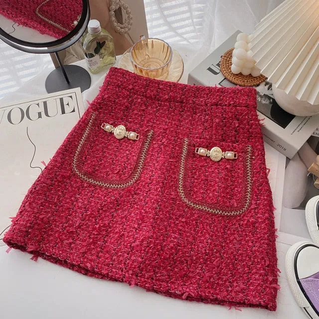 Women Tweed Skirts Solid High Waist Skirt Double Breasted Mini Skirt