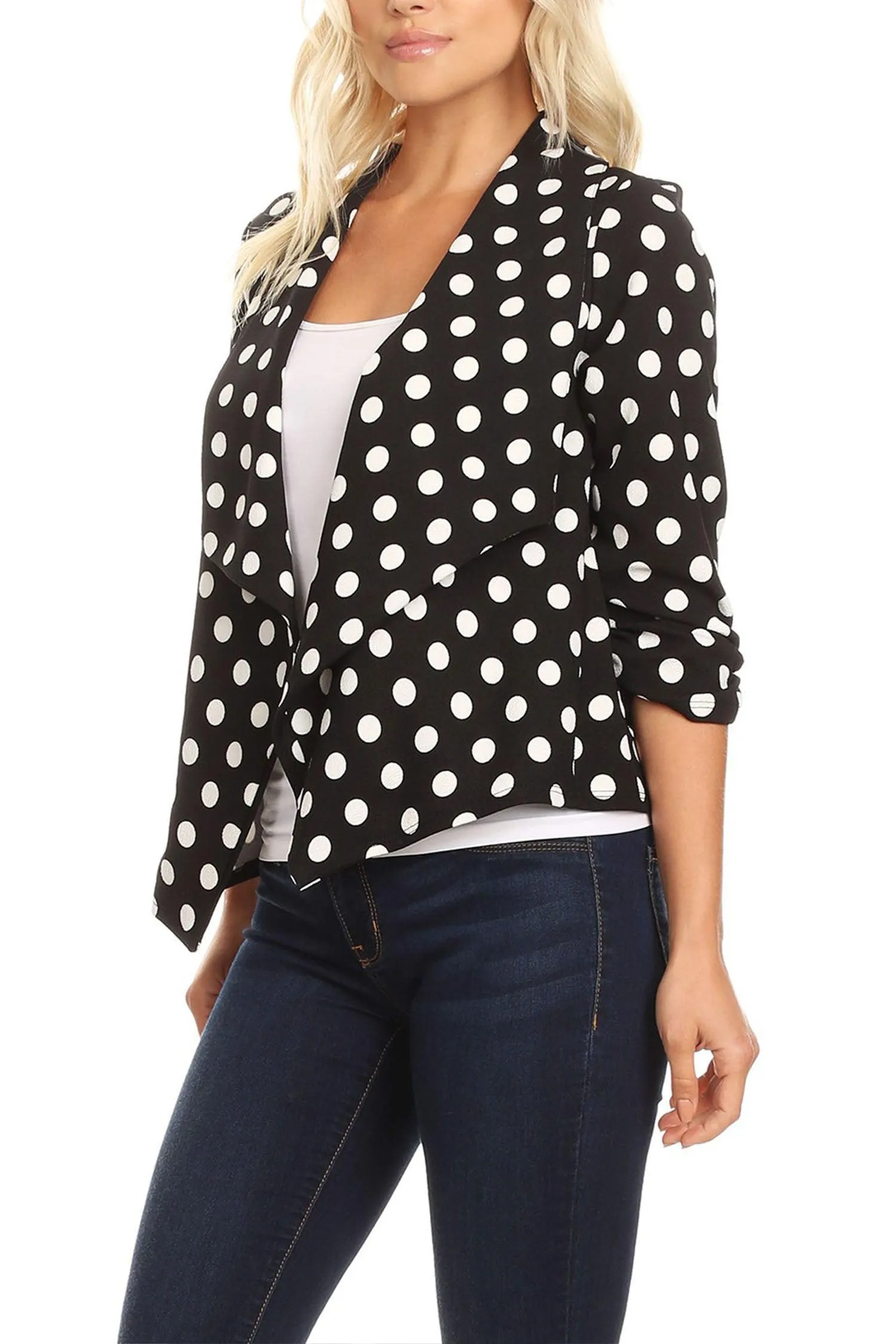 Women's Casual Open Front Polka Dot Roll Up Sleeve Blazer