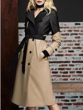 Women's Trench Coat Spliced PU Leather Lapel Double-Breasted Lace-Up Waist Long Sleeve Windbreaker