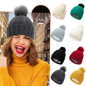 Women's Winter Knitted Beanie Hat Satin Lined with Faux Fur Pom | 1700