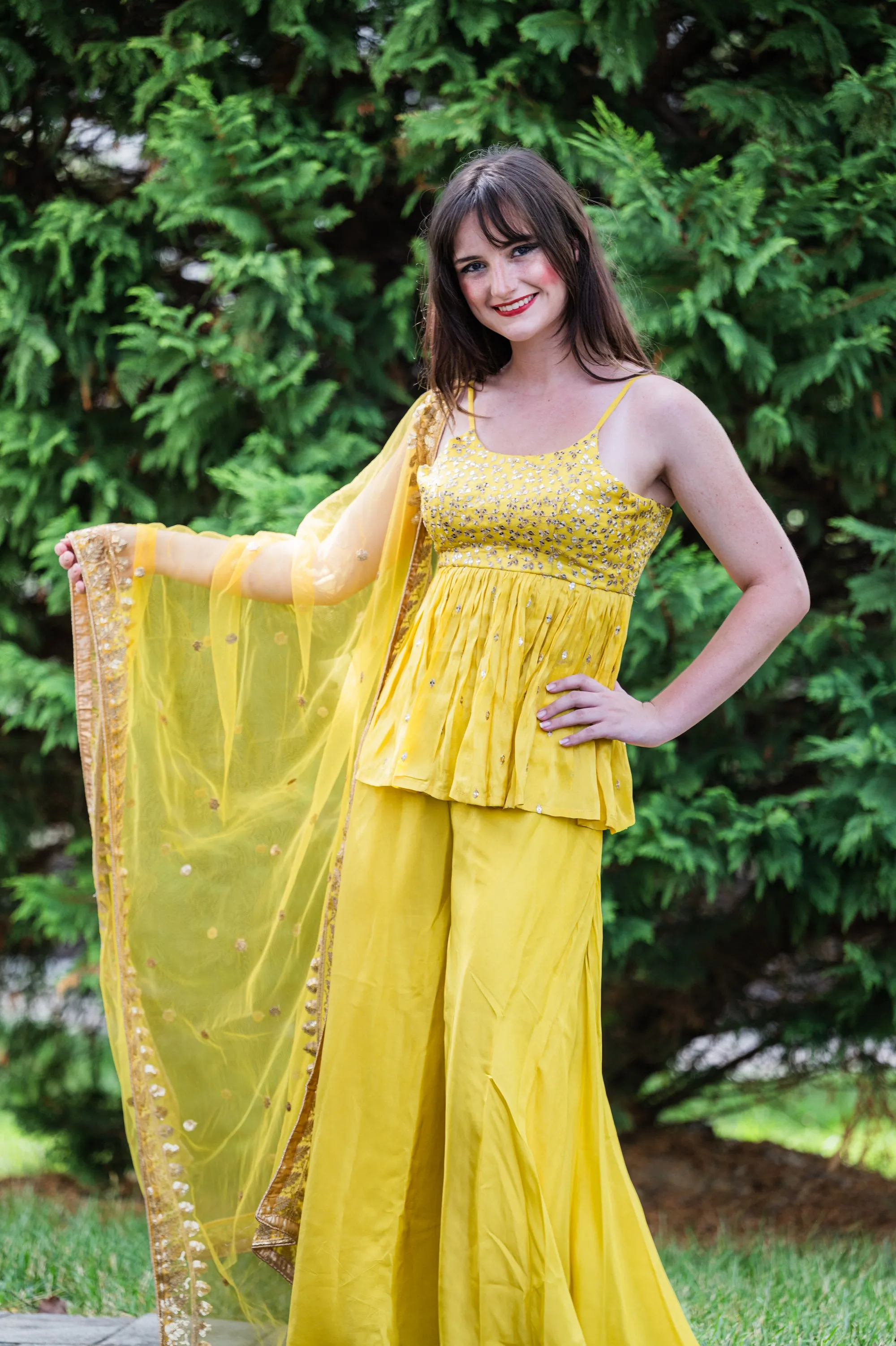 Yellow Sharara Set With Embroidered Peplum Top And Dupatta - Rent