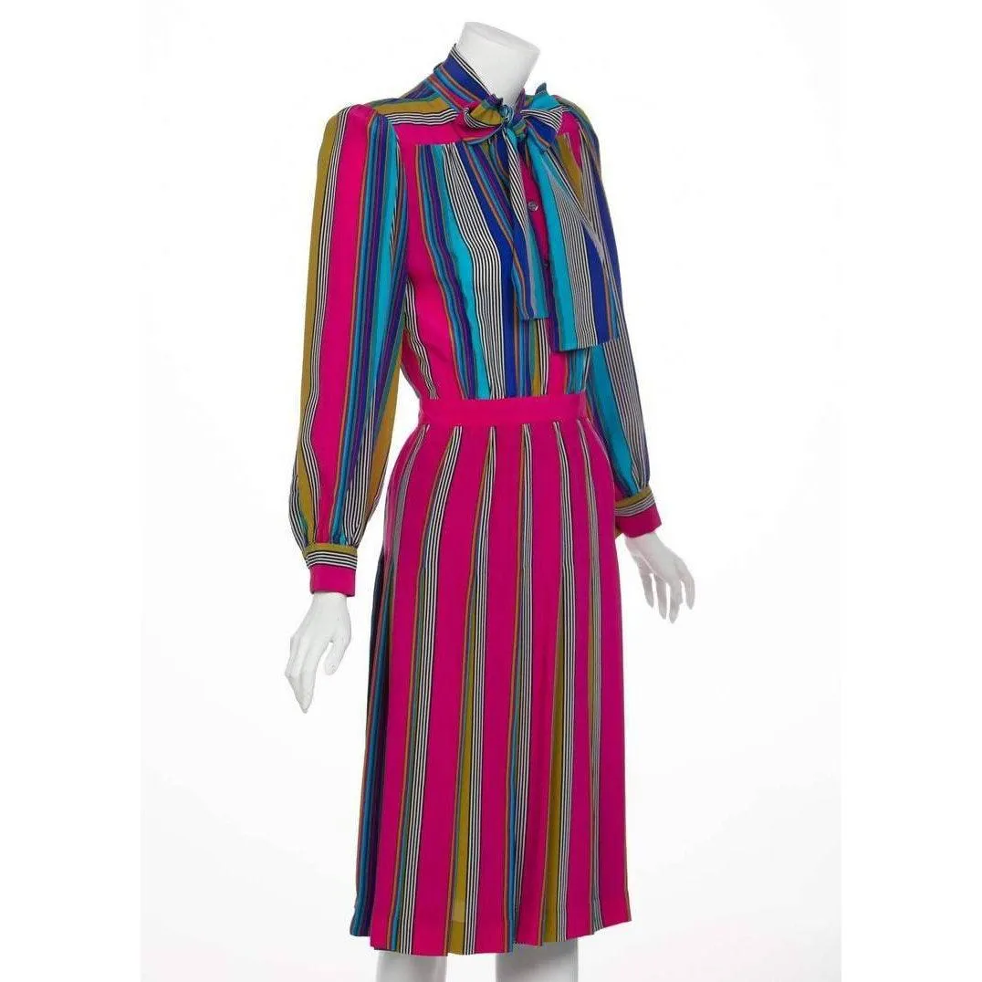 YVES SAINT LAURENT 1982 Multicolored Striped Silk Dress Documented YSL | Size L