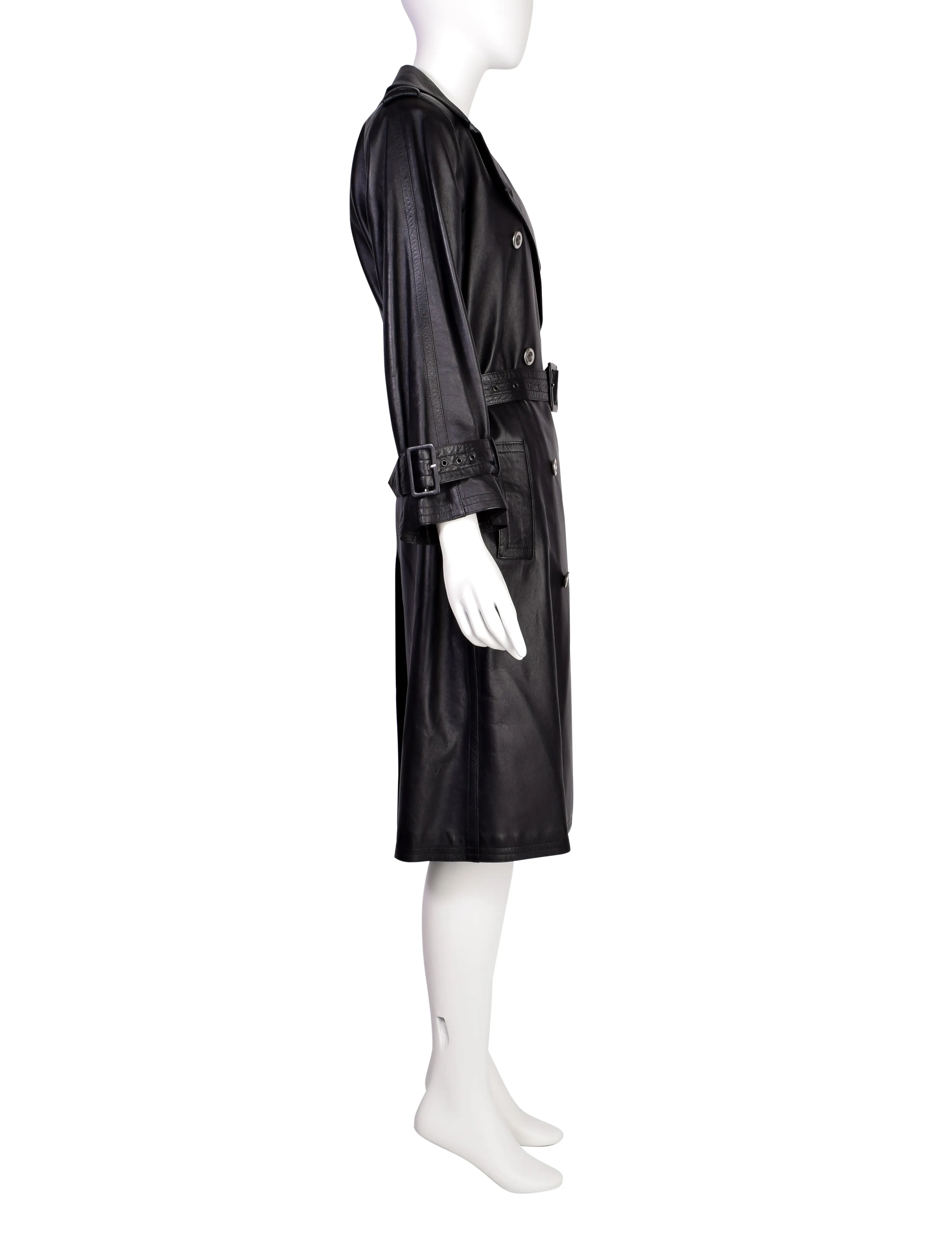 Yves Saint Laurent Vintage 1970s Black Lambskin Leather Double Breasted Trench Coat