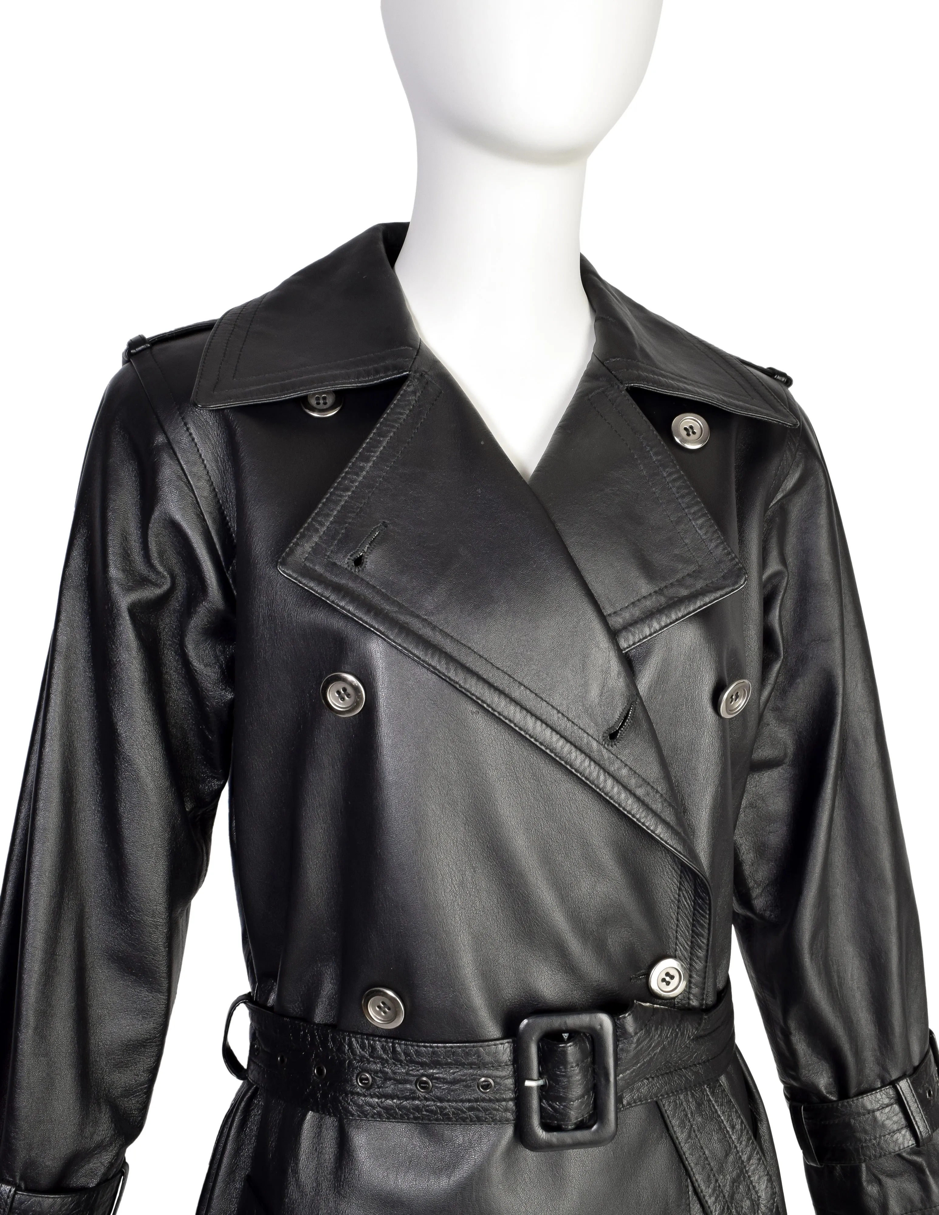 Yves Saint Laurent Vintage 1970s Black Lambskin Leather Double Breasted Trench Coat